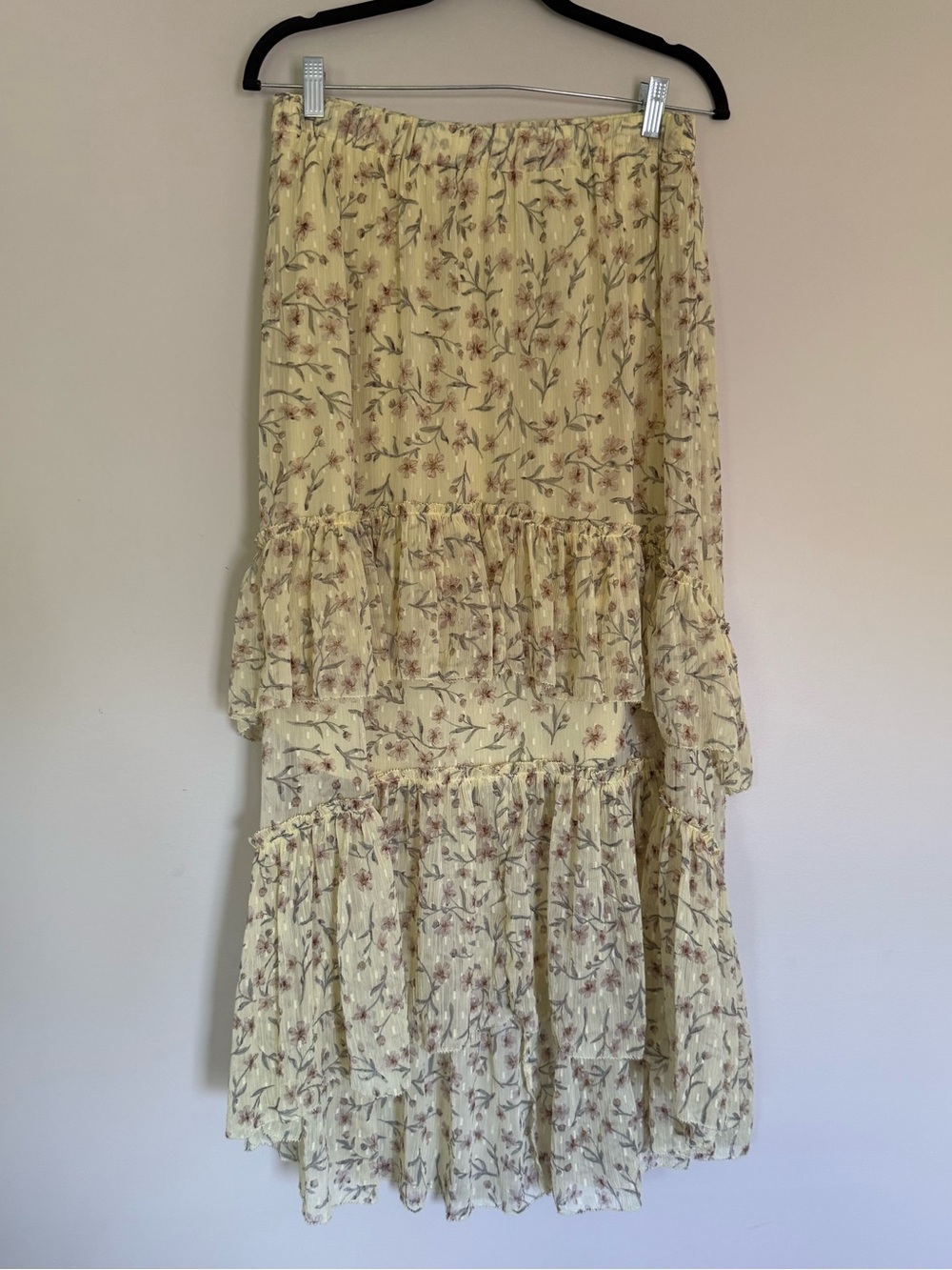 H&M Yellow Floral Tiered High Low Ruffle Maxi Skirt Cottagecore Chiffon Sz M